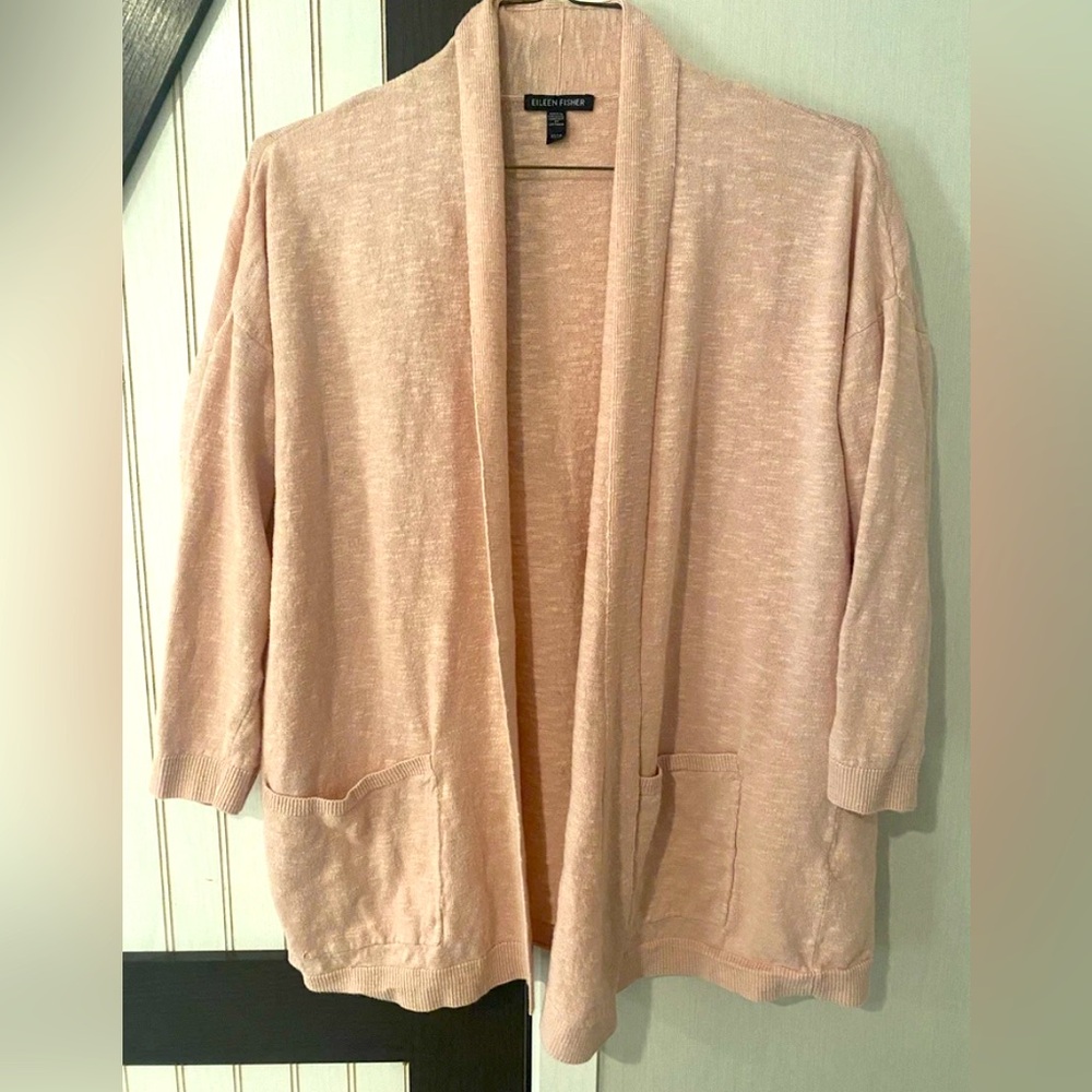 EILEEN FISHER Cardigan S Organic Linen‎ Cotton Blend Open Front Long Sleeve Pink